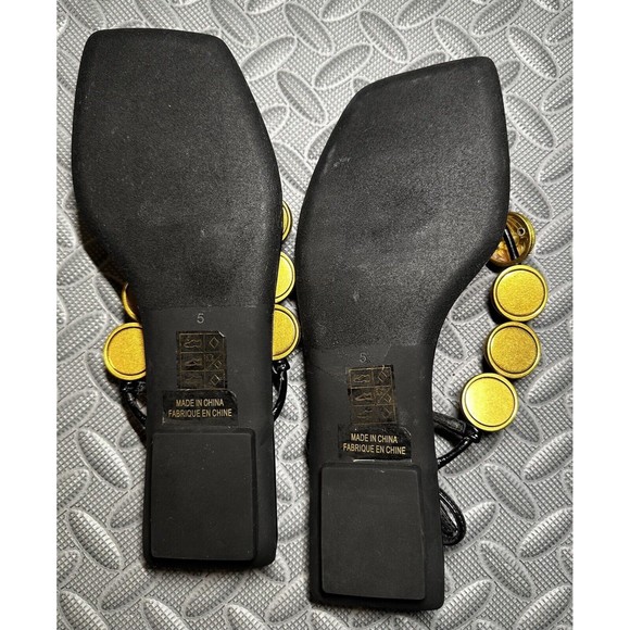 Jeffrey Campbell Yucatan gold Bead Thong Square Toe Black flat Sandals Sz 5 NEW - Picture 9 of 10
